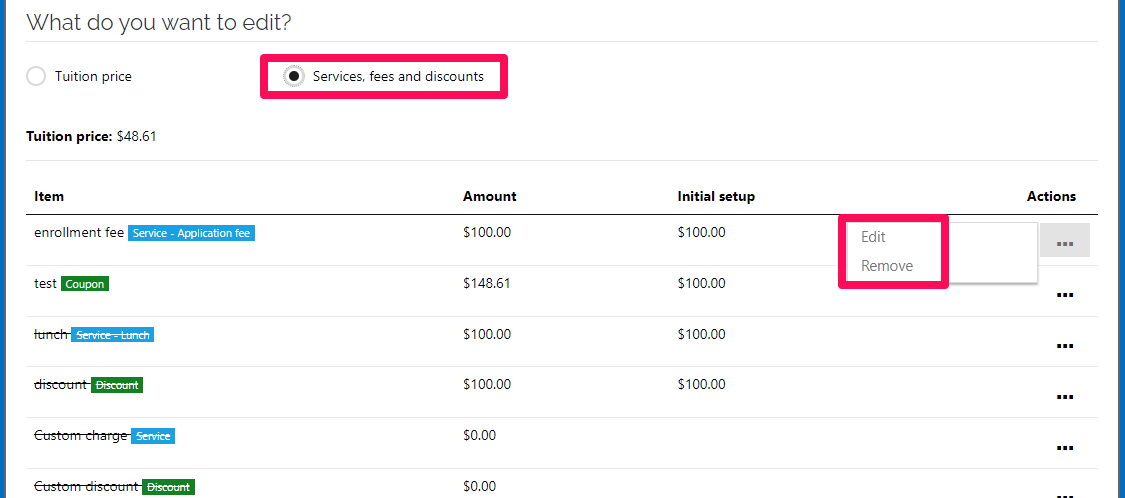 Servides,fees,discounts