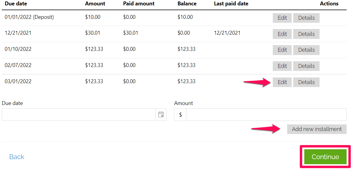 add new installments in edit feature