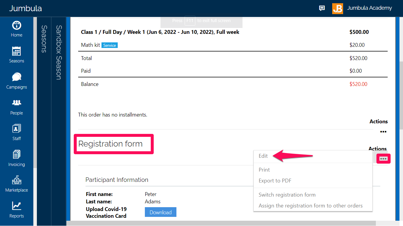 registration form edit